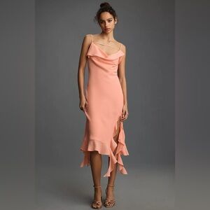 MARE MARE by ANTHROPOLOGIE Asymmetric Ruffle Slip Midi Dress in Peach